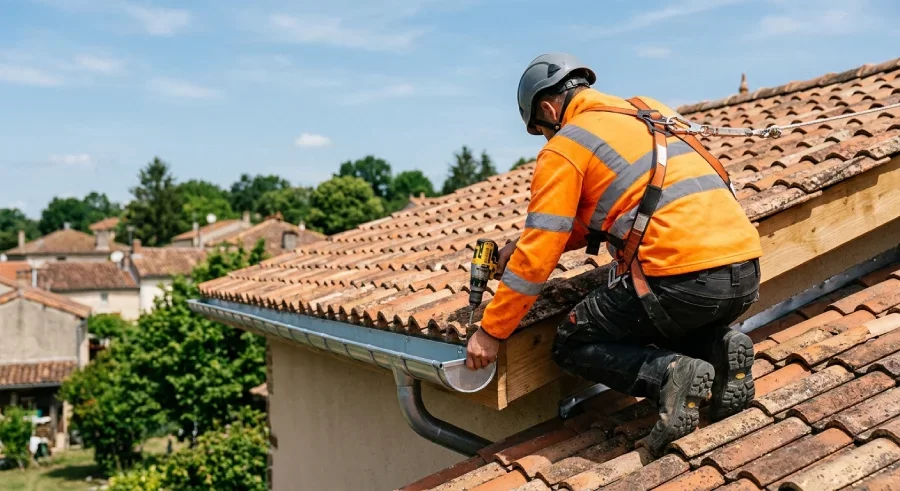 Artisan couvreur réalisant une pose de gouttière à Béziers