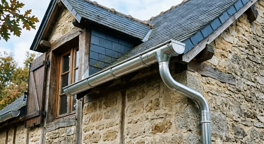 Maison traditionnelle avec une superbe gouttière en zinc brillant, vue de détail architecturale