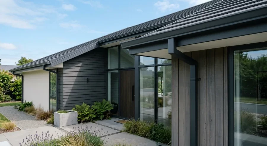 Façade de maison moderne avec une gouttière en aluminium profilé de couleur sombre, design épuré