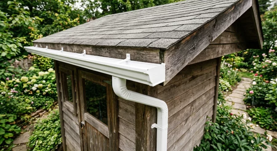 Gouttière en PVC propre installée sur le bord d'un toit d'abri de jardin, vue claire