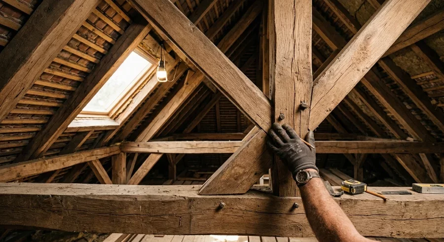 Artisan couvreur inspectant une charpente en bois à Béziers