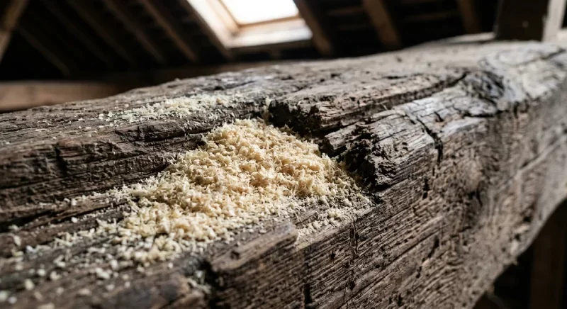Sciure de bois sur poutre