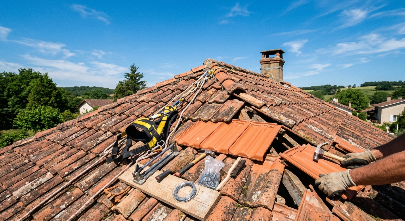 Artisan couvreur intervenant en urgence sur un toit à Béziers