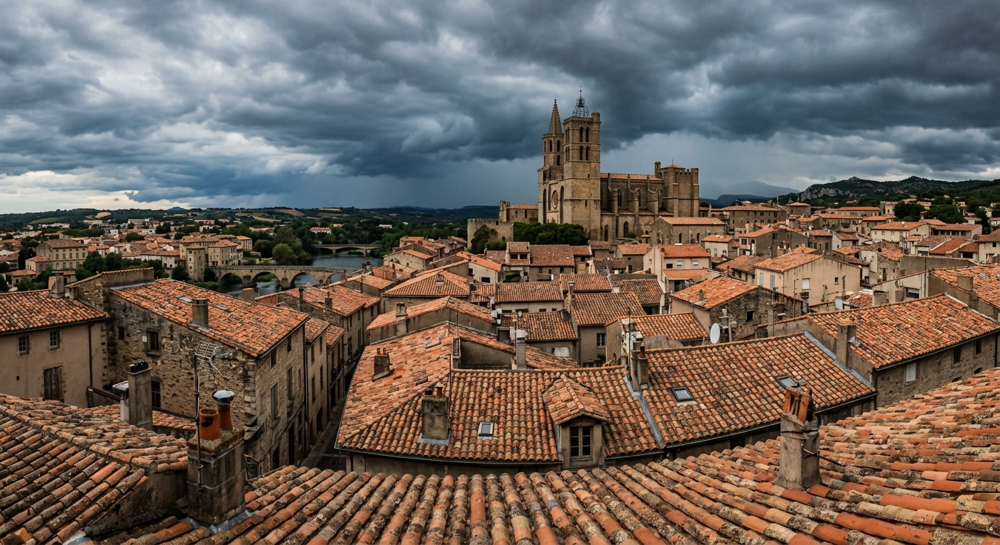 Vue panoramique des toits en tuiles de Béziers sous un ciel nuageux