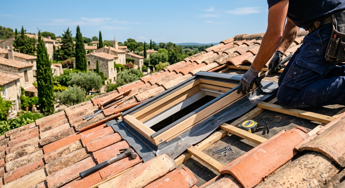 Artisan couvreur professionnel installant un Velux sur un toit ensoleillé à Béziers