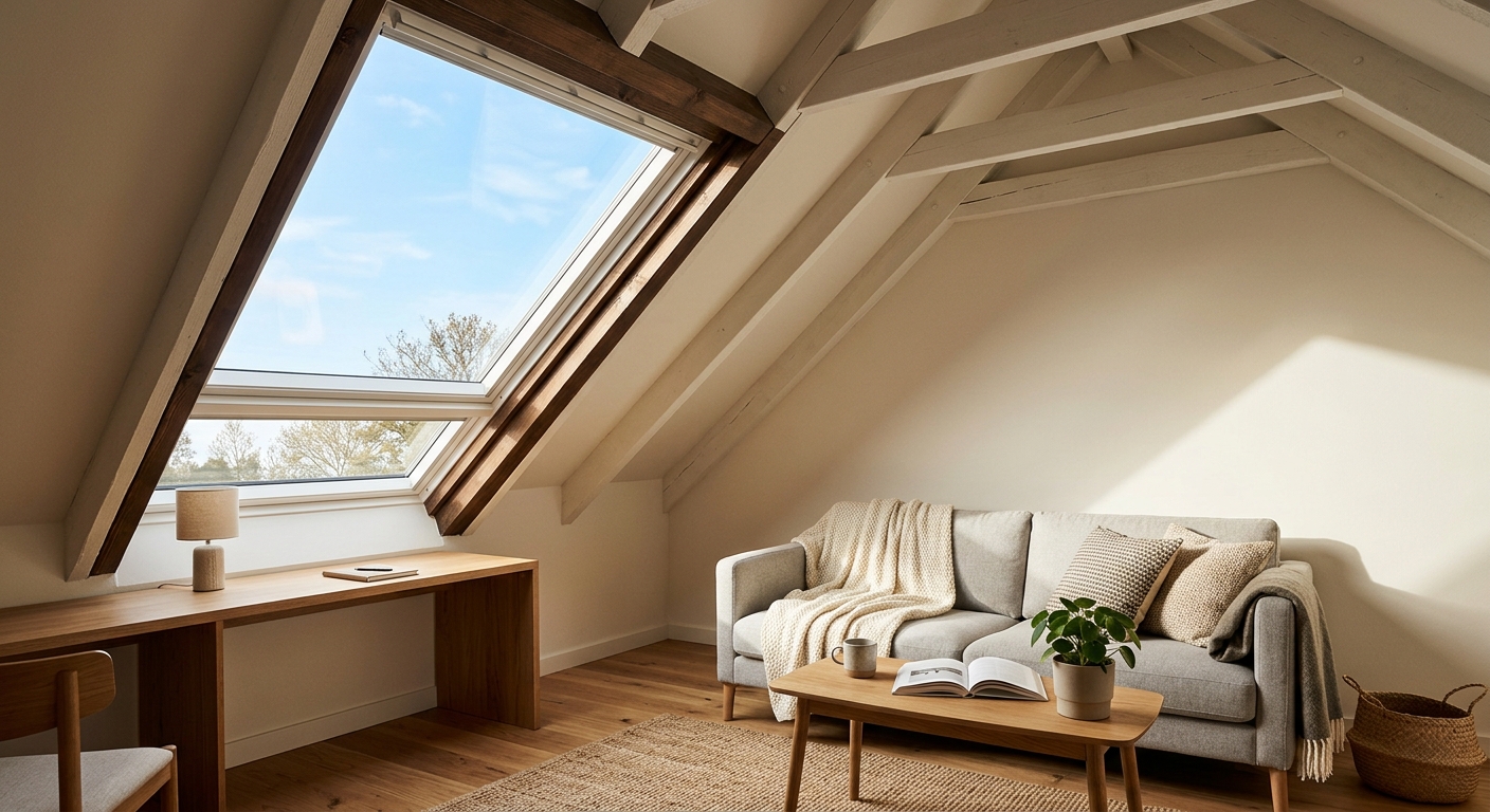 Intérieur de combles très lumineux grâce à une grande fenêtre de toit Velux