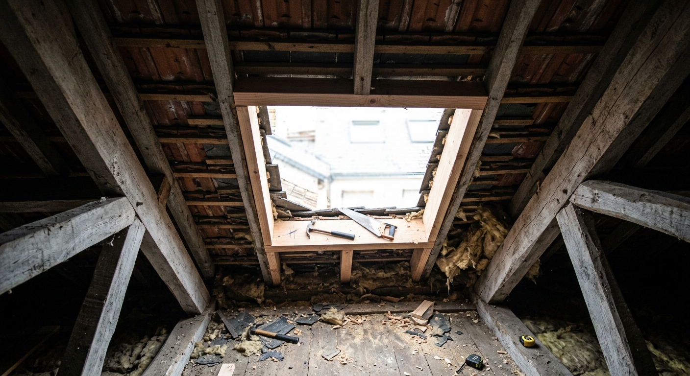 Création d'ouverture et pose de Velux neuve sur charpente
