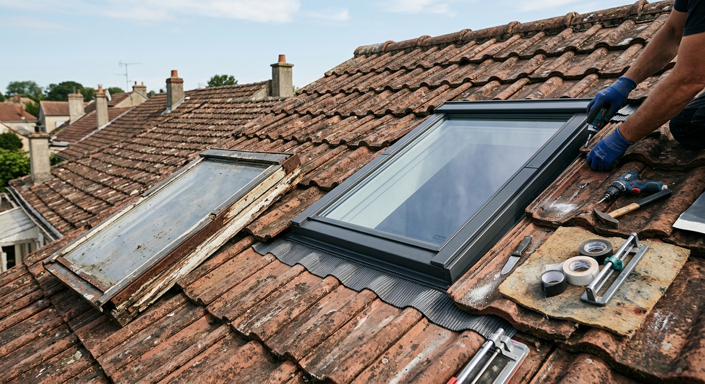 Remplacement d'une ancienne fenêtre de toit par un Velux moderne